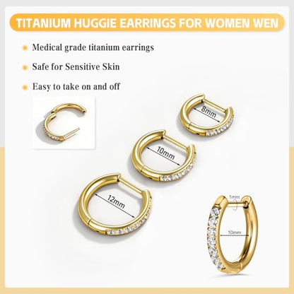 AOEDEJ G23 Titanium Black/Steel Gray/Gold Hoop Earrings 18G Small Huggie Hoop Earrings 8mm/10mm/12mm Cartilage for Sensitive Ears for Multiple Piercing Cartilage Hoop Earring Stack Jewelry - style: D-CZ-Gold-8+10+12