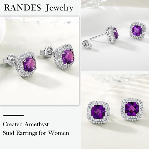 Dainty Birthstone Earrings for Women Sterling Silver Small Stud Earrings with Halo Cushion/Round Created Gemstone Earrings Birthstone Jewelry - style: A 02. Feb./created amethyst-cushion cut