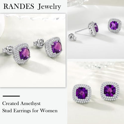 Dainty Birthstone Earrings for Women Sterling Silver Small Stud Earrings with Halo Cushion/Round Created Gemstone Earrings Birthstone Jewelry - style: A 02. Feb./created amethyst-cushion cut
