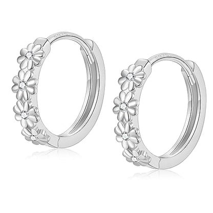 Sterling Silver Hoop Earrings for Women, Dainty Small Huggie Hoop Earrings | Hypoallergenic Daisy Color Cubic Zirconia Flower Hoops Earring Jewellery Gifts for Ladies Birthday Wedding, 12mm Hoop - color: Clear