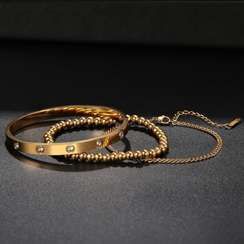 18K Gold Plated Bangle Bracelet Set for women,Cubic Zirconia Classic Stainless Steel Adjustable Gold Tennis Love Bracelets Stack for women and men - color: Beads Bracelet Set