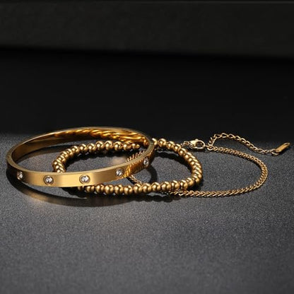18K Gold Plated Bangle Bracelet Set for women,Cubic Zirconia Classic Stainless Steel Adjustable Gold Tennis Love Bracelets Stack for women and men - color: Beads Bracelet Set