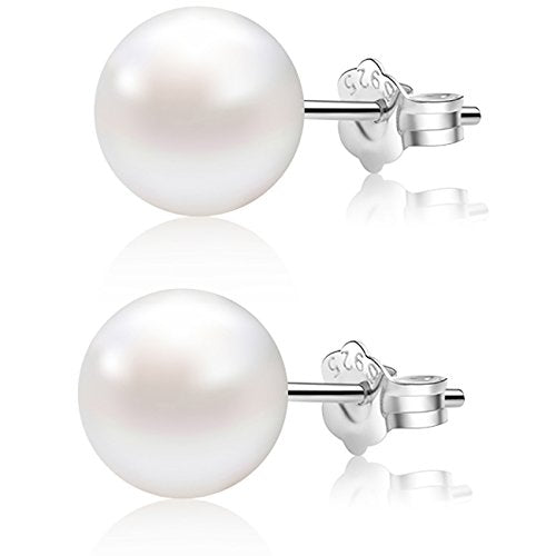 ALYC Pearl Earrings Freshwater Pearl White Button Stud Earrings with 925 Sterling Silver for Women - size: 6.5-7.0mm