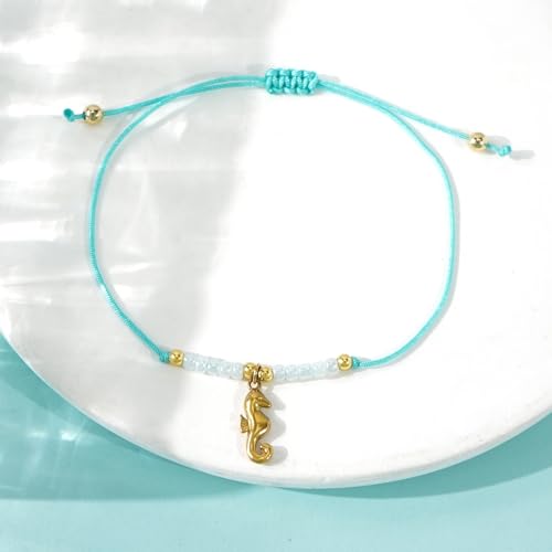 Boho Glass Seed Beaded Bracelets For Women, Handmade Romantic Gold Plated charm String Braided Rope Adjustable Jewelry, Summer Beach Daily Party Friendship Gift - color: Blue Seahorse