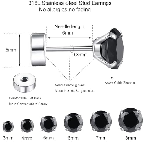 6 Pairs Surgical Steel Flat Back Earrings | CZ Stud Set | Hypoallergenic 316L Surgical Steel • Flat Back Threaded Studs for Cartilage, Helix & Lobe • 6 Mixed Sizes (3-8mm) - color: Flatback-Black