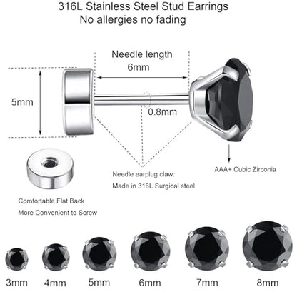 6 Pairs Surgical Steel Flat Back Earrings | CZ Stud Set | Hypoallergenic 316L Surgical Steel • Flat Back Threaded Studs for Cartilage, Helix & Lobe • 6 Mixed Sizes (3-8mm) - color: Flatback-Black