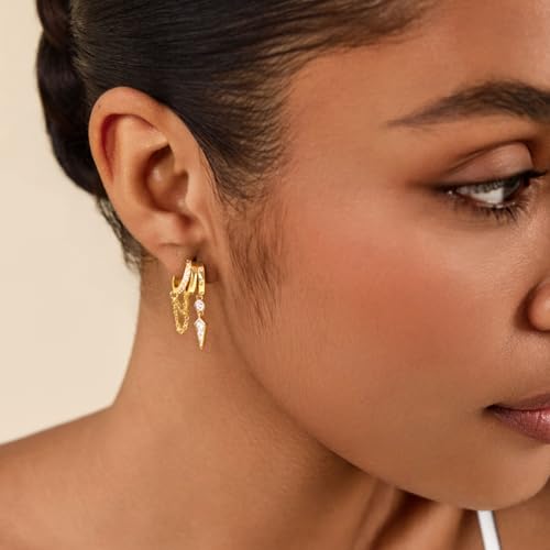 Cicy Bell Gold Earrings For Women 18k Gold Plated Triple Dangle Earrings | Hypoallergenic Drop Huggie Earrings Small Hoop Statement Chain Tassel Earrings Trendy Jewelry Gifts - color: Style C-Gold