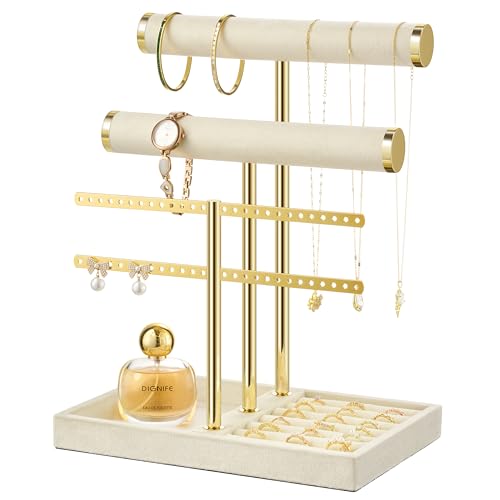 Jewelry Organizer Stand for Necklaces, Bracelets, Earrings, Rings, Beige | 3 Tier Velvet Bracelet Holder Display | Jewelry Organizers and Storage | Jewelry Tree | Jewelry Towers - color: Beige, size: Large
