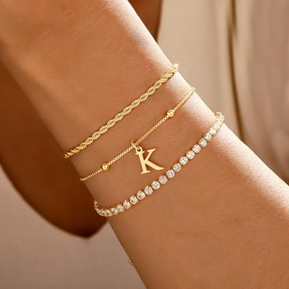 Gold Bracelets for Women Girls - Dainty Gold/Silver Bracelet Stack Jewelry Set Personalized Initial Bracelets Cute Stackable Rope Box Chain Tennis Bracelets Gifts for Women Teen Girl Gifts - color: J-Gold