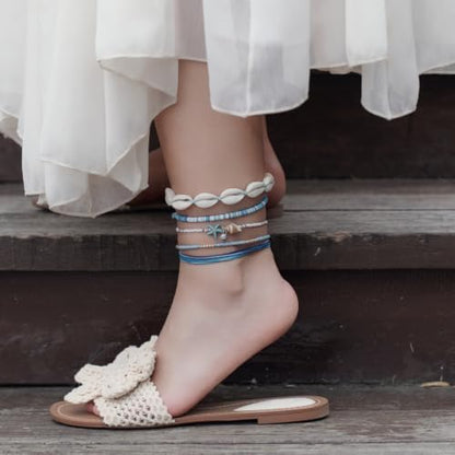 Beaded Anklet Bracelets For Women Waterproof Gold Anklets Jewelry Set Stack | non tarnish free pearl puka seashell beach boho stretchy anklet for summer dainty and tewiky gold plated - color: Blue Jewelry