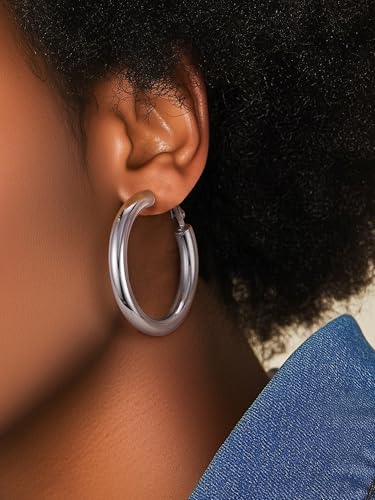 PROSTEEL Chunky Hoop Earrings for Women 14K Gold Plated/Black/Silver | 20/30/40/50/60/70/80mm Stainless Steel Thick Big Round Hoop with Waterproof and Non Tarnish Trendy Jewelry with Gift Box - color: 1. Silver, size: 40MM