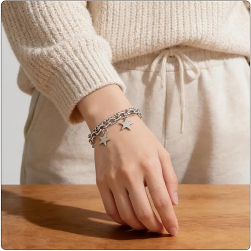 Women’s Star Bracelet Stainless Steel Link Chain, Double Layer Star Charm Bracelet for Women, Fashion Curb Bracelet Stackable Birthday Gift