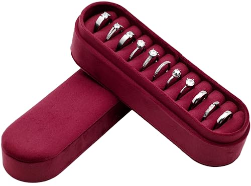 Velvet Small Multiple Ring Box Portable Organizer Display Storage | Travel Case Jewelry Earring Holder for Wedding Birthday Christmas Day (Wine Red) - color: Wine Red