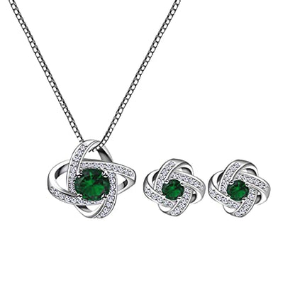 AMYJANE Bridal Jewelry Set for Women - Crystal Cubic Zirconia Love Knot Necklace Stud Earrings Elegant CZ Jewelry Set for Wedding Bride Bridesmaids Gift Set - color: Emerald(14k White Gold Plated)