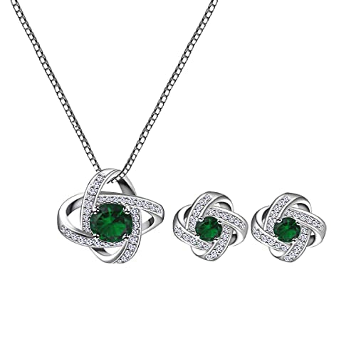 AMYJANE Bridal Jewelry Set for Women - Crystal Cubic Zirconia Love Knot Necklace Stud Earrings Elegant CZ Jewelry Set for Wedding Bride Bridesmaids Gift Set - color: Emerald(14k White Gold Plated)
