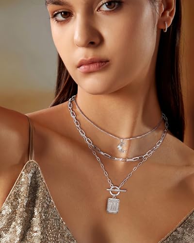 MJartoria Layered Initial Necklaces for Women Trendy, 14K Gold Plated Brass Simple Moon Choker Square Letter Pendant Necklace, Paperclip Chain Necklaces Jewelry Gifts - color: Silver, style: M