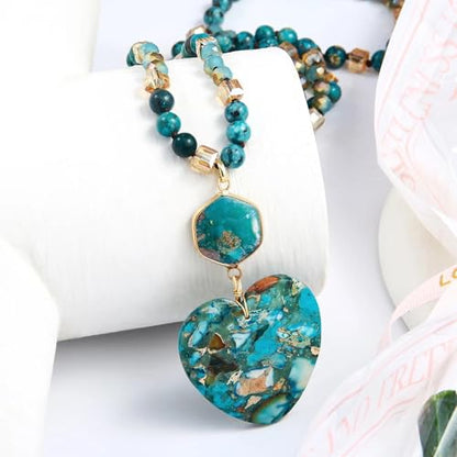 Yomisa Long Necklaces for Women Trendy, 33/34/35 inch | Boho Beaded Necklaces for Women, Natural Stone Pendant, Handmade Knotted Bead, Bohemian Holiday Summer Western Charm Jewelry - color: Love-Turquoise