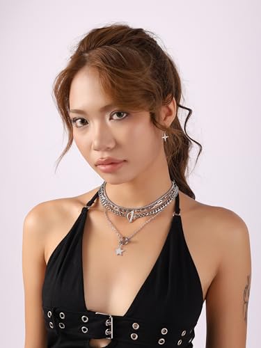 Sacina Goth Layered Star Choker Necklace, Gothic Punk Grunge Emo Necklace, Christmas Jewelry Gift for Women - color: Silver