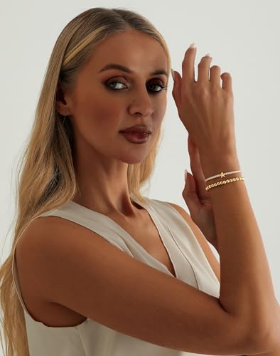 14K Gold Plated Bracelets for Women Dainty Tennis Initial Bracelet Trendy Beaded Stackable Charm Bracelets Layered Waterproof Bracelet Dainty Bracelet for Women Jewelry Gifts - style: 01A