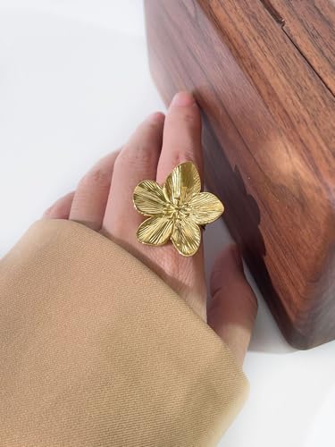 Gold Flower Ring for Women Trendy Silver Flower Statement Ring Adjustable Minimalist Rings Jewelry - color: Gold, style: Flower A