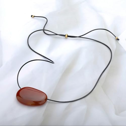 YELLOWPEACH Chunky Red Pebble Pendant Necklace for Women Minimalist Stone Gemstone Adjustable Charm Necklace - color: Red