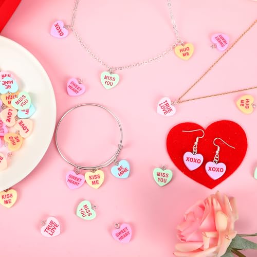 64 Pcs Valentine's Day Resin Charms, Conversation Heart Pendant | Valentines Candy Heart Charm, DIY Crafts, Bracelet Necklace Earrings Jewelry Making, Party Favors Gifts - style: Valentine Style