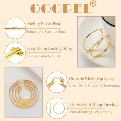 3mm Wide Large Hoop Earrings for Women Hypoallergenic 925 Sterling Silver Post Gold Earrings Lightweight Silver Hoop Earrings Oversize Big Gold Hoops 30/40/50/60MM - color: Gold, size: 20mm