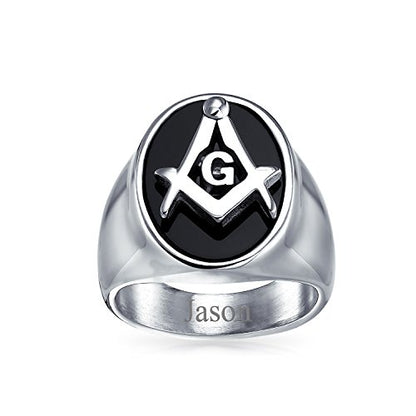 Secret Society Black Oval Masonic Signet Ring Gold Tone Stainless Steel - color: Silver Engrave