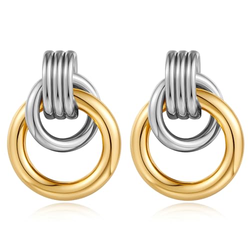Gold Chunky Earrings for Women Geometric Knot Link Drop Dangle Earrings 14K Gold Plated Statement Earrings Trendy Gold Jewelry - color: Style 5-Two Tone
