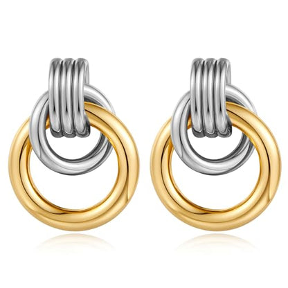 Gold Chunky Earrings for Women Geometric Knot Link Drop Dangle Earrings 14K Gold Plated Statement Earrings Trendy Gold Jewelry - color: Style 5-Two Tone