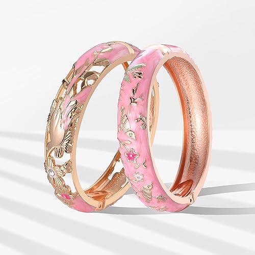 UJOY Cloisonne Indian Bangle Colored Crystal Plated Hinge Cuff Bracelet Hollowed Bird Enamel Jewelry Gift 55C49 - color: 2 Pcs/set-Bird-Pink