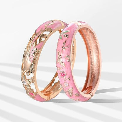 UJOY Cloisonne Indian Bangle Colored Crystal Plated Hinge Cuff Bracelet Hollowed Bird Enamel Jewelry Gift 55C49 - color: 2 Pcs/set-Bird-Pink