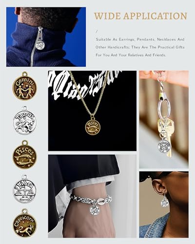 DIY Zodiac Charm Set, 48 Count 4 Sets Antique Tibetan Silver and Bronze Round Zodiac Sign Charms Constellation Pendants for Necklace Bracelet Jewelry Making and Crafting