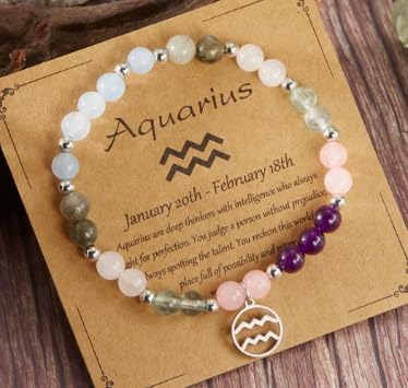 XAM 12 Zodiac Stone Beaded Bracelet - Natural Gemstone & Stainless Steel Charm Constellation Jewelry - color: F