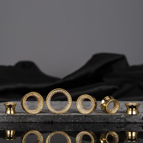 Vankula 2 Pcs Ear Gauges 0g(8mm)-5/8"(16mm) High Polish Single Flare Ear Tunnels 5A Cubic Zirconia Hypoallergenic Plugs for Stretched Ears Tapered Wedding Gift Body Jewelry - color: Gold, size: 14mm(9/16")