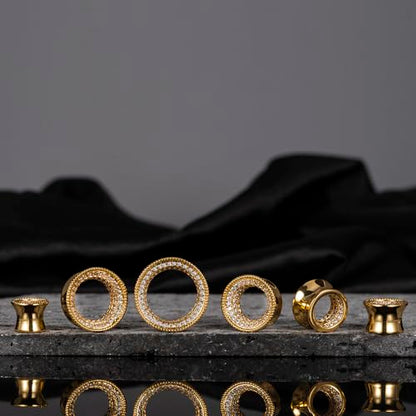 Vankula 2 Pcs Ear Gauges 0g(8mm)-5/8"(16mm) High Polish Single Flare Ear Tunnels 5A Cubic Zirconia Hypoallergenic Plugs for Stretched Ears Tapered Wedding Gift Body Jewelry - color: Gold, size: 14mm(9/16")