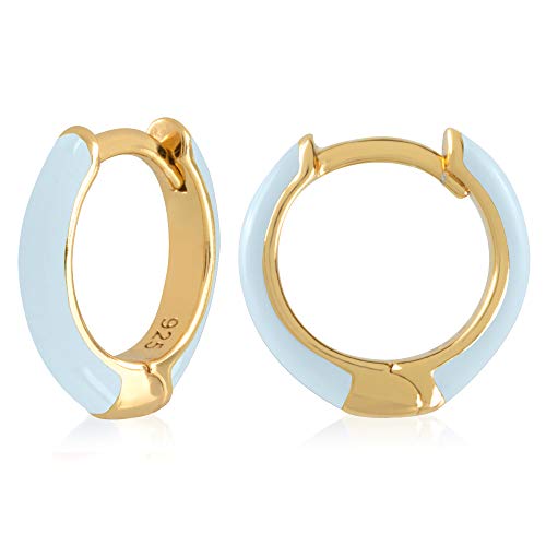 14K Gold Plated Sterling Silver Enamel Color Huggie Hoop Earrings for Women – Wide Range of Vibrant Color Options Available - color: Blue ( Light )