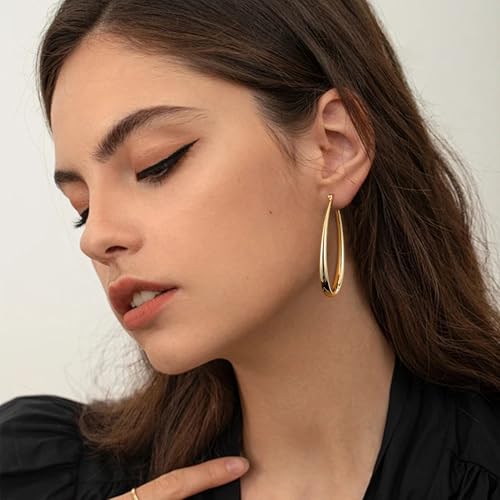 Gacimy Chunky Hoop Earrings for Women, 14K Gold Plated Oval Hoop Earrings with 925 Sterling Silver Post - color: Gold, size: 50mm