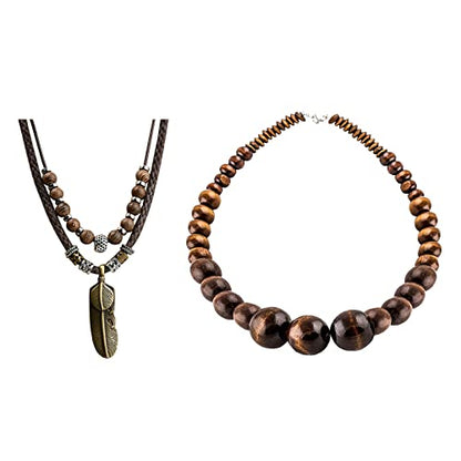Wood Bead Necklace Africa Wooden Chain Statement Unisex Chunky Necklaces - color: 1 wood necklace+1 leaf neklace