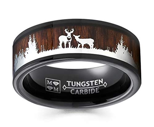 Metal Masters Men's Co. Black Tungsten Hunting Ring Wedding Band Wood Inlay Deer Stag Silhouette - color: Deer & Nature