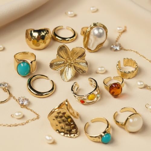 Chunky Gold Rings for Women Non Tarnish, Baroque Pearl Flower Tiger's Eye Stone Rings Adjustable Stacking Statement Rings Set Fashion Jewelry Gifts