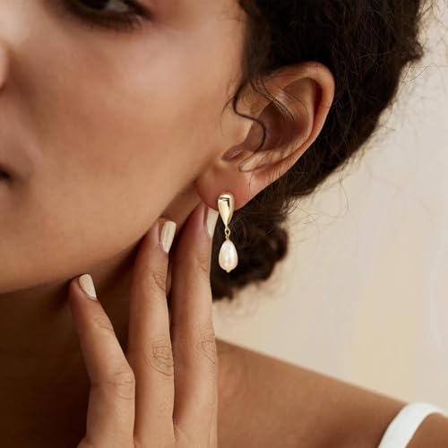 LLWOM Earrings for Women - 14K Gold Plated CZ Teardrop Dangle Earrings | Dangling Earrings for Women Trendy, Hypoallergenic Jewelry Gift for Wedding/Party/Prom/Daily, Elegant Drop Earring Stud - color: Gold Pearl Teardrop