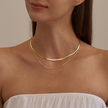 NECOCY 14K Gold Plated Necklaces for Women, Dainty Gold Herringbone Choker Necklace Thin Layered Snake Chain Jewelry for Gifts - color: 3MM 16"-GD Herringbone Necklace