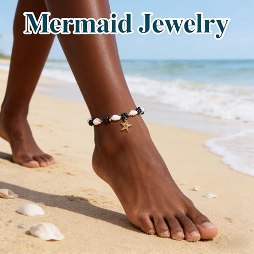 Waterproof Starfish Shell Bead Anklets Bracelets for Women Bohemian Hawaiian Beach Crushed Stone Bead Anklet Summer Mermaid Outfit Costume Jewelry Accessories - color: Blue