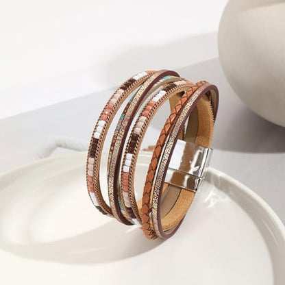 VIBILIA Boho Leather Wrap Bracelets for Women Multi-Layer Bracelets | With Strong Clasp Jewelry for Women - color: 03-BohoBraid-Khaki
