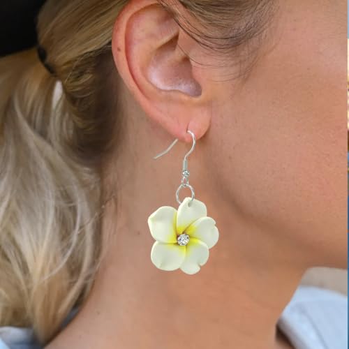 Floral Dangle Earrings for Women Hawaiian Tropical Plumeria Rubra Flower Drop Earrings with Cubic Zirconia Luau Beach Party Vacation Hawaiian Accessories Jewelry Gift - color: White