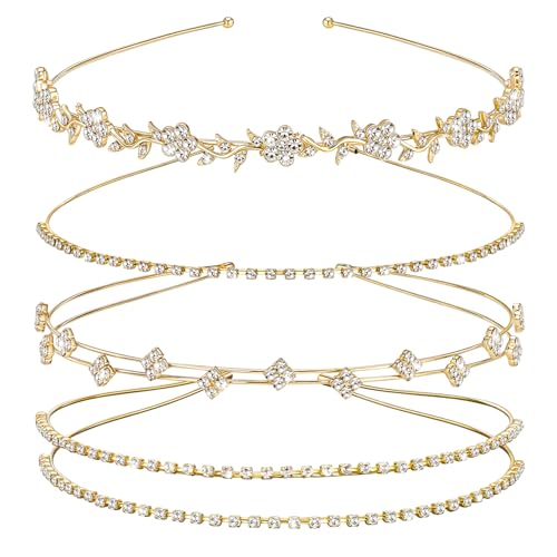 4 Pcs Rhinestone Headbands, Bridal Wedding Headband, Crystal Flower Girl Headpiece, Goddess Leaves Crown Metal Hair Band, Fairy Hair Accessories for Women, Prom Tiaras for Birthday Party - color: Gold