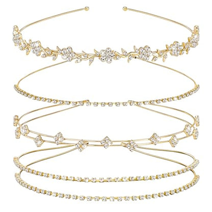 4 Pcs Rhinestone Headbands, Bridal Wedding Headband, Crystal Flower Girl Headpiece, Goddess Leaves Crown Metal Hair Band, Fairy Hair Accessories for Women, Prom Tiaras for Birthday Party - color: Gold