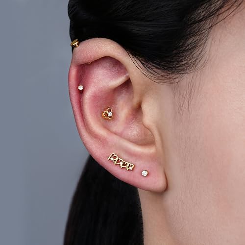 Hollow Heart Piercing Jewelry Collection - ASTM F136 Titanium Internally Threaded Flat Back Stud for Cartilage, Helix, Conch - color: Soldered Heart - Gold