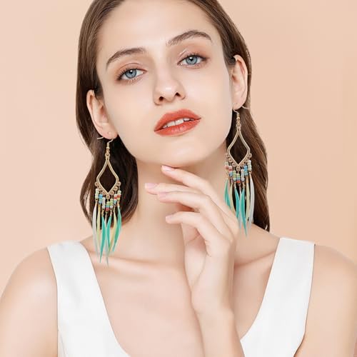 3 Pairs Bohemian Long Feather Tassel Earrings, Handmade Multicolor Seed Beads Fringe Dangle Drop Earrings Retro Statement Jewelry Gifts for Women